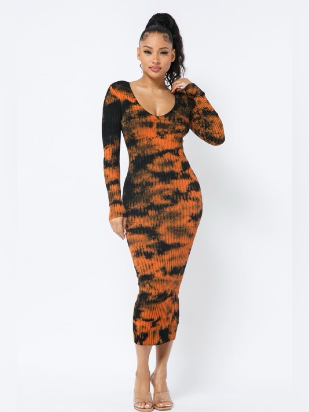 Hera Collection Womenβs Long Sleeve Tie-Dye Ribbed Midi Bodycon Stretch Dress S